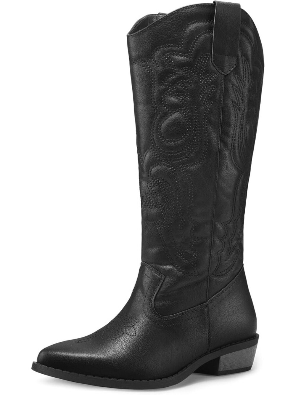 Women’s Black Mid-Calf Cowboy Boots Embroidered Pointed Toe Chunky Heel